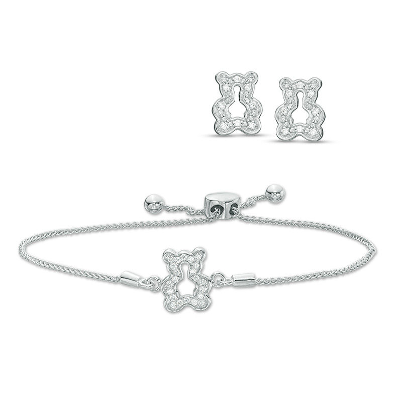 Main Image 1 of 1/4 CT. T.W. Diamond Polar Bear Stud Earrings and Bolo Bracelet Set in Sterling Silver - 9.5"
