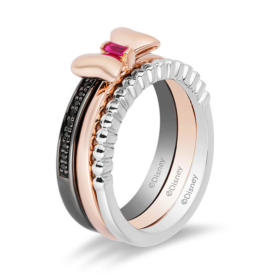 Mickey Mouse & Minnie Mouse Garnet and 1/8 CT. T.w. Diamond Band Set in Sterling Silver and 10K Rose Gold