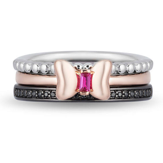 Mickey Mouse & Minnie Mouse Garnet and 1/8 CT. T.w. Diamond Band Set in Sterling Silver and 10K Rose Gold