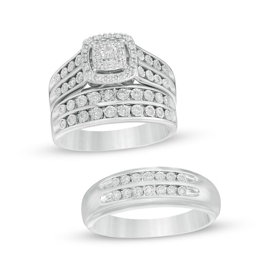 1/2 CT. T.w. Diamond Double Cushion Frame Wedding Ensemble in 10K White Gold - Size 7 and 10