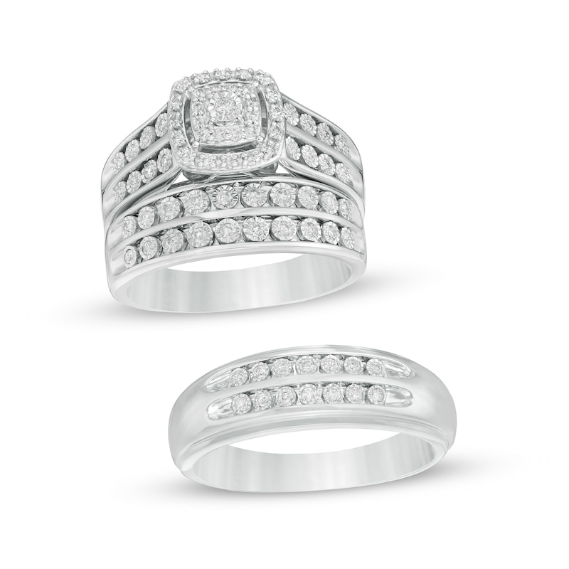 Main Image 1 of 1/2 CT. T.W. Diamond Double Cushion Frame Wedding Ensemble in 10K White Gold - Size 7 and 10