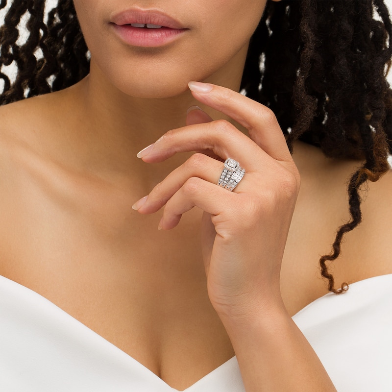 Main Image 3 of 1/2 CT. T.W. Diamond Double Cushion Frame Wedding Ensemble in 10K White Gold - Size 7 and 10