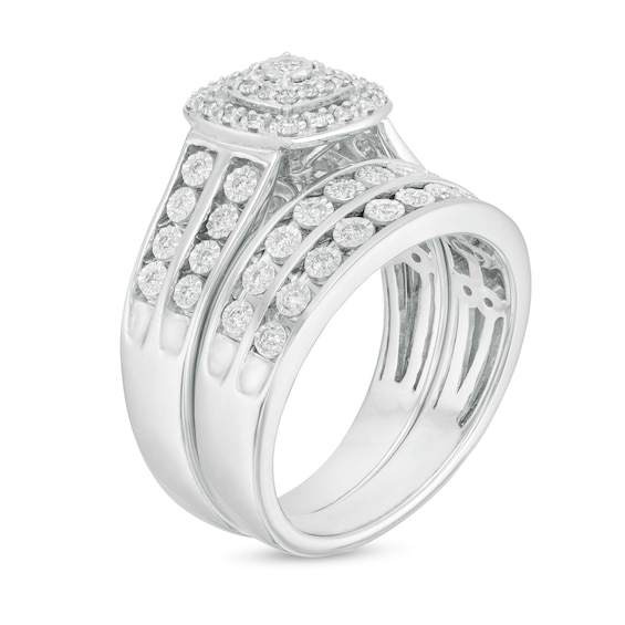 1/2 CT. T.w. Diamond Double Cushion Frame Wedding Ensemble in 10K White Gold - Size 7 and 10