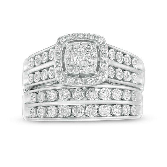 1/2 CT. T.w. Diamond Double Cushion Frame Wedding Ensemble in 10K White Gold - Size 7 and 10