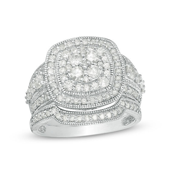 1-1/2 CT. T.w. Multi-Diamond Double Cushion Frame Vintage-Style Bridal Set in 10K White Gold