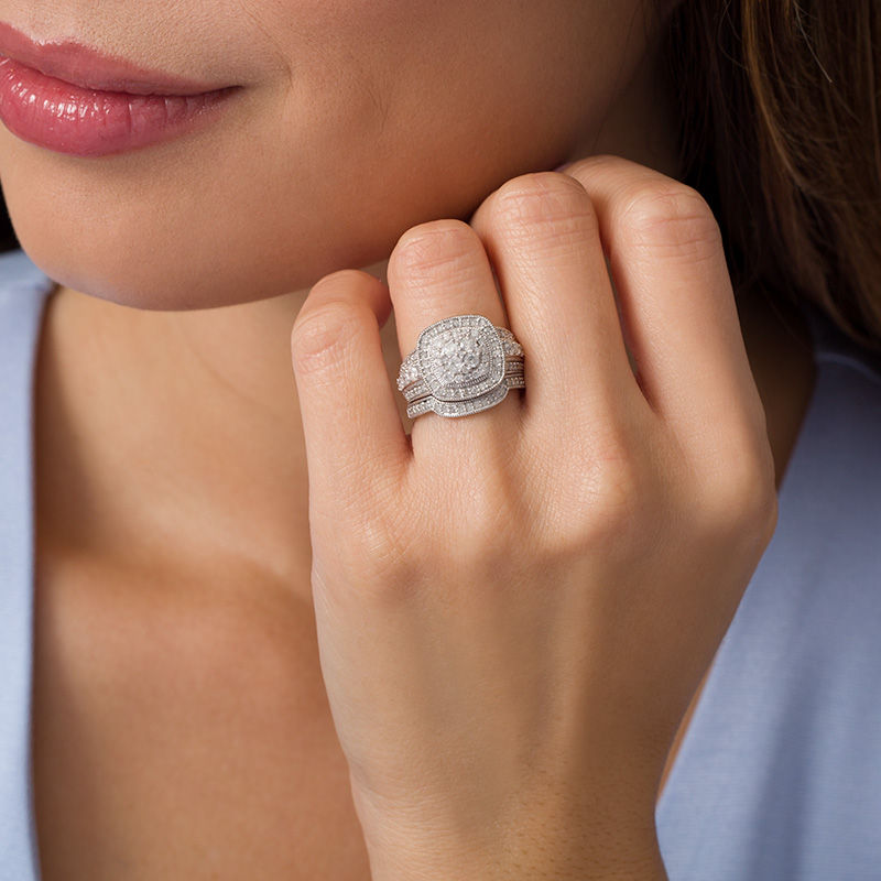 Main Image 2 of 1-1/2 CT. T.W. Multi-Diamond Double Cushion Frame Vintage-Style Bridal Set in 10K White Gold