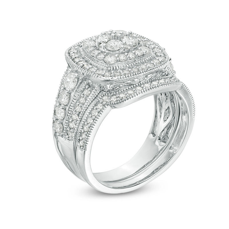 1-1/2 CT. T.W. Multi-Diamond Double Cushion Frame Vintage-Style Bridal Set in 10K White Gold