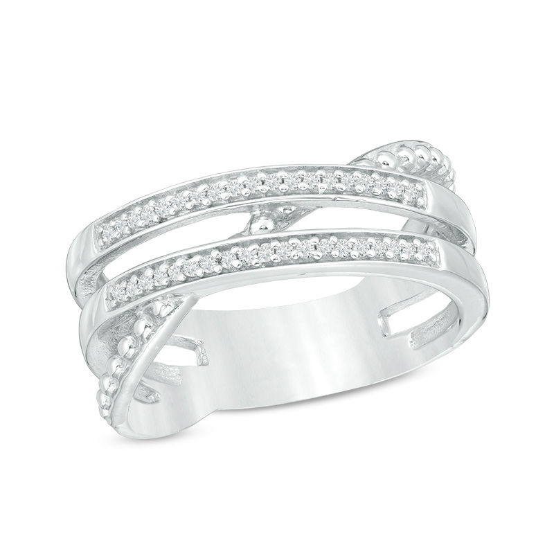 Main Image 1 of 1/10 CT. T.W. Diamond Crossover and Beaded Ring in Sterling Silver