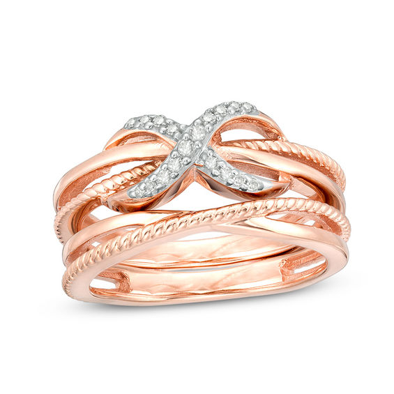 1/10 CT. T.w. Diamond Infinity Crossover Two Piece Stackable Band Set in Sterling Silver with 14K Rose Gold Plate