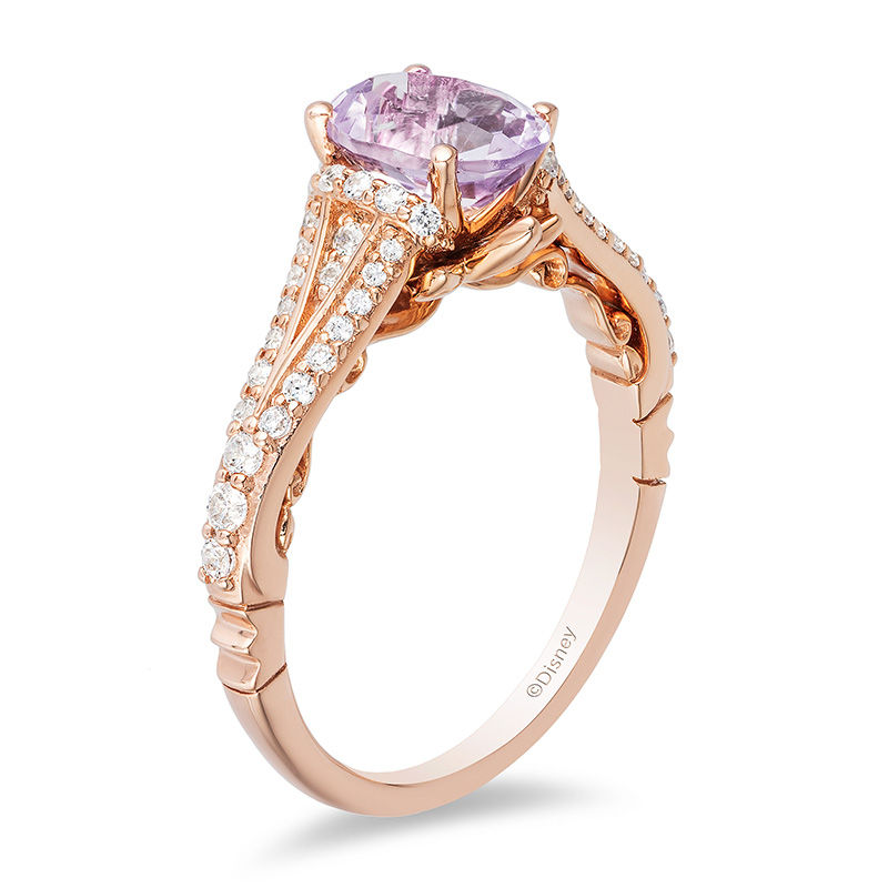 Enchanted Disney Rapunzel Oval Rose de France Amethyst and 1/3 CT. T.W. Diamond Engagement Ring in 14K Rose Gold