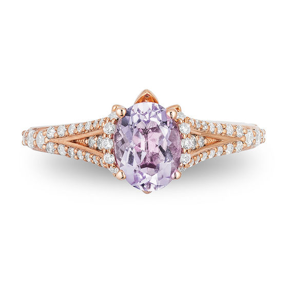 Enchanted Disney Rapunzel Oval Rose de France Amethyst and 1/3 CT. T.w. Diamond Engagement Ring in 14K Rose Gold