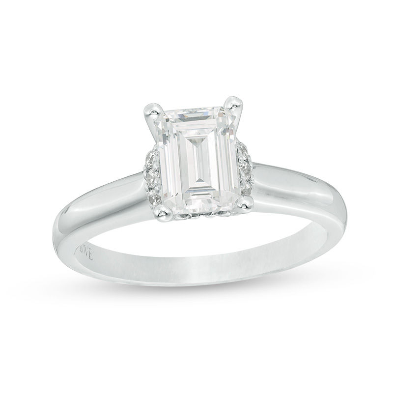 Main Image 1 of Vera Wang Love Collection 1-1/8 CT. T.W. Emerald-Cut Diamond Collar Engagement Ring in 14K White Gold
