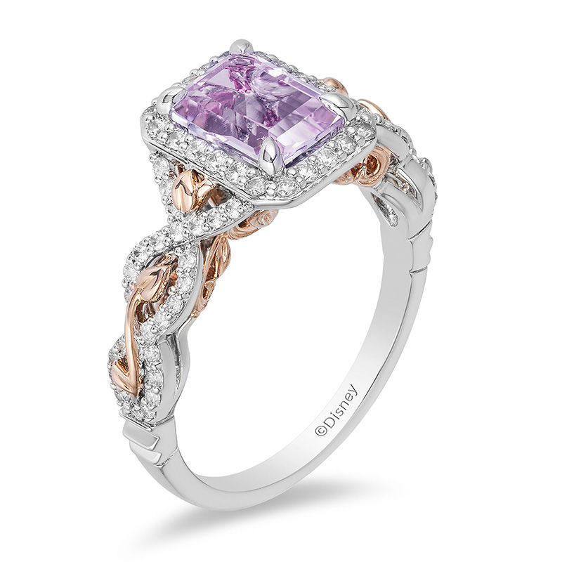 Enchanted Disney Rapunzel Rose de France Amethyst and 1/3 CT. T.W. Diamond Frame Engagement Ring in 14K Two-Tone Gold