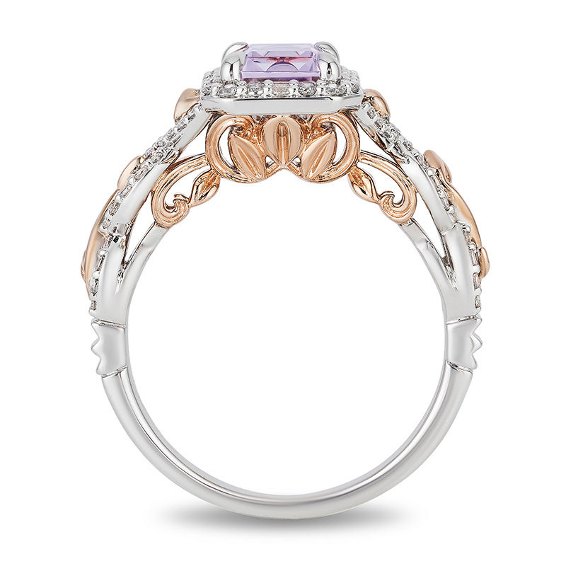 Enchanted Disney Rapunzel Rose de France Amethyst and 1/3 CT. T.W. Diamond Frame Engagement Ring in 14K Two-Tone Gold