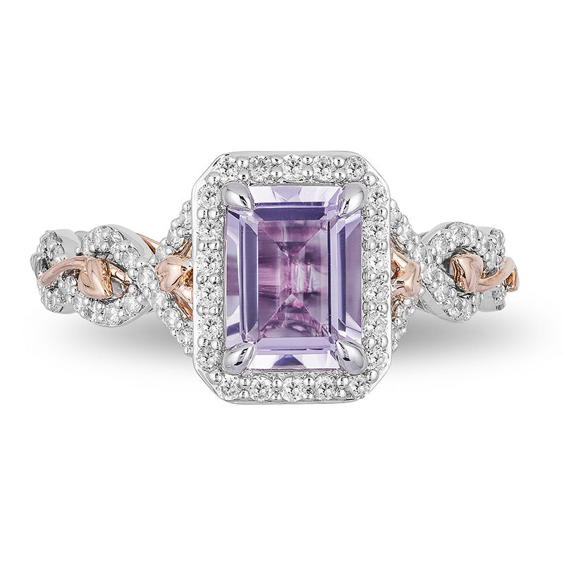 Enchanted Disney Rapunzel Rose de France Amethyst and 1/3 CT. T.W. Diamond Frame Engagement Ring in 14K Two-Tone Gold