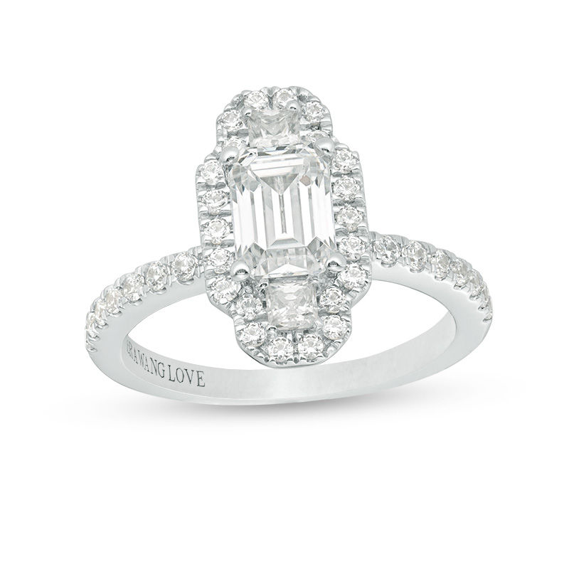 Main Image 1 of Vera Wang Love Collection 1-5/8 CT. T.W. Emerald-Cut Diamond Vertical Three Stone Frame Engagement Ring in 14K White Gold