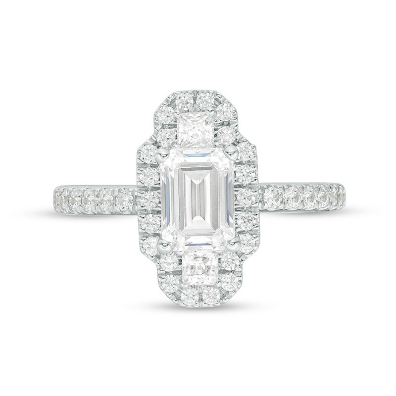 Main Image 3 of Vera Wang Love Collection 1-5/8 CT. T.W. Emerald-Cut Diamond Vertical Three Stone Frame Engagement Ring in 14K White Gold