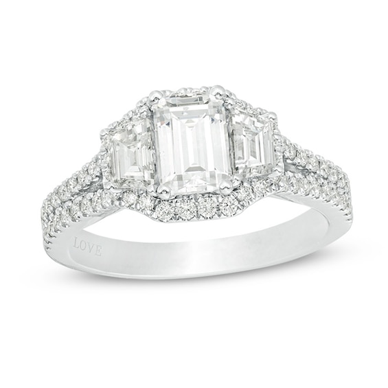 Vera Wang Love Collection 1-1/2 CT. T.w. Certified Emerald-Cut Diamond Frame Engagement Ring in 14K White Gold (I/Si2)