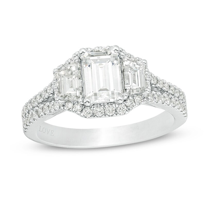 Main Image 1 of Vera Wang Love Collection 1-1/2 CT. T.W. Certified Emerald-Cut Diamond Frame Engagement Ring in 14K White Gold (I/SI2)