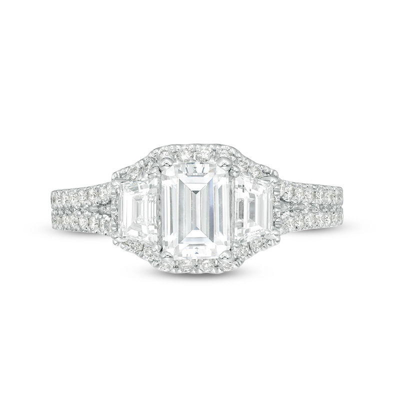 Main Image 3 of Vera Wang Love Collection 1-1/2 CT. T.W. Certified Emerald-Cut Diamond Frame Engagement Ring in 14K White Gold (I/SI2)