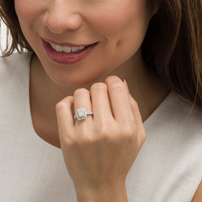 1 CT. T.W. Emerald Cut Diamond Double Frame Engagement Ring in 14K White Gold