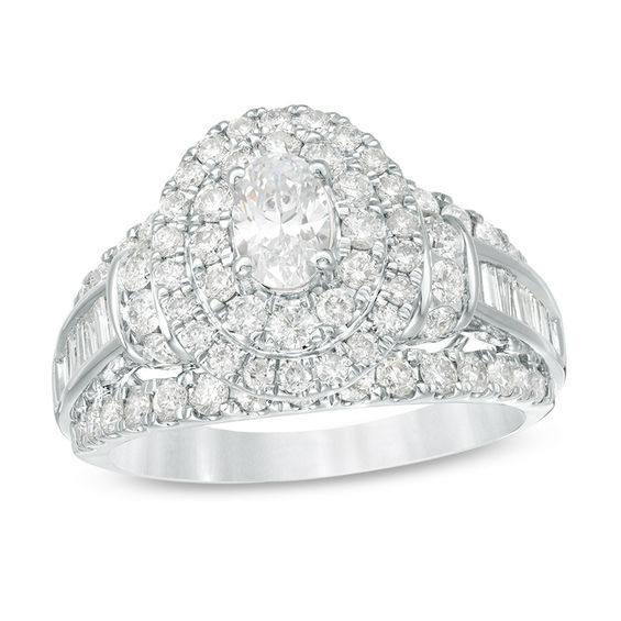 2 CT. T.w. Oval Diamond Double Frame Collared Engagement Ring in 14K White Gold