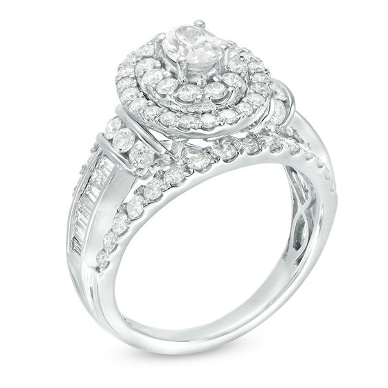 2 CT. T.w. Oval Diamond Double Frame Collared Engagement Ring in 14K White Gold