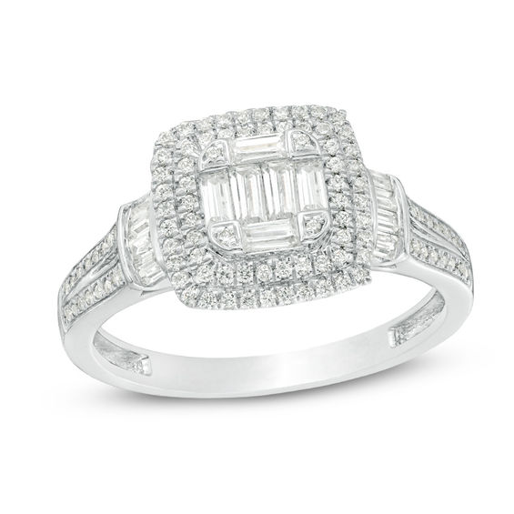 5/8 CT. T.W. Composite Diamond Double Cushion Frame Collar Engagement Ring in 10K White Gold 5/8 CT. T.W. Composite Diamond Double Cushion Frame Collar Engagement Ring in 10K White Gold