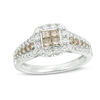 Thumbnail Image 1 of 1 CT. T.W. Champagne and White Quad Princess-Cut Diamond Frame Engagement Ring in 10K White Gold