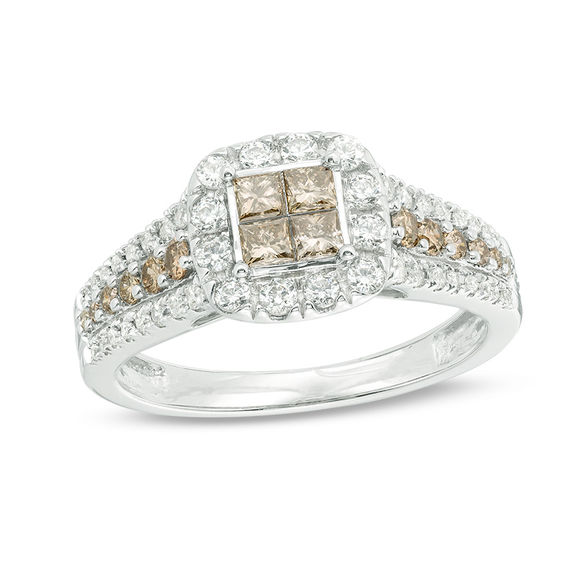 1 CT. T.w. Champagne and White Quad Princess-Cut Diamond Frame Engagement Ring in 10K White Gold