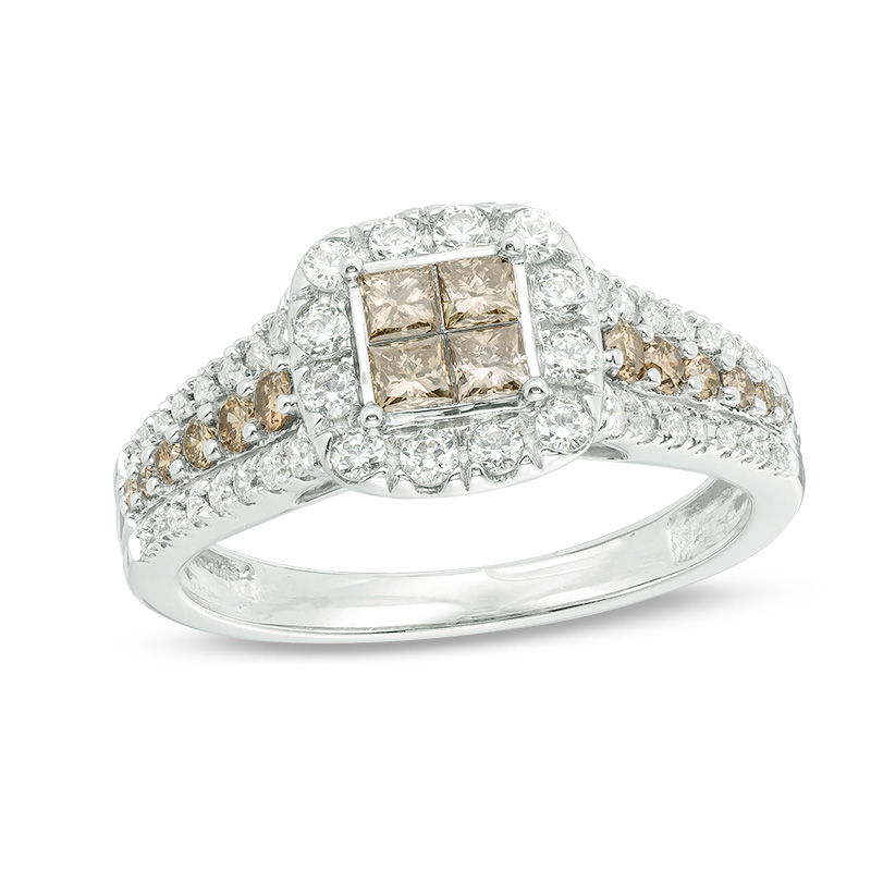 1 CT. T.W. Champagne and White Quad Princess-Cut Diamond Frame Engagement Ring in 10K White Gold