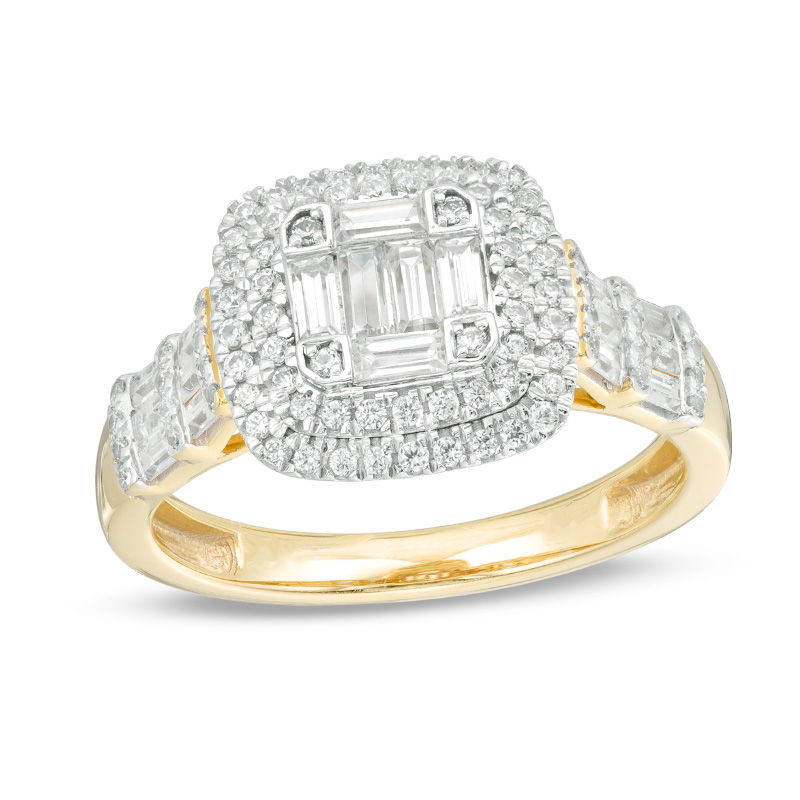 1 CT. T.W. Multi-Diamond Double Cushion Frame Engagement Ring in 10K Gold