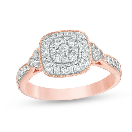 1/2 CT. T.W. Composite Diamond Cushion Frame Tri-Sides Vintage-Style Engagement Ring in 10K Rose Gold 1/2 CT. T.W. Composite Diamond Cushion Frame Tri-Sides Vintage-Style Engagement Ring in 10K Rose Gold