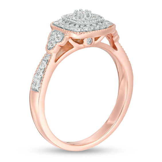 1/2 CT. T.W. Composite Diamond Cushion Frame Tri-Sides Vintage-Style Engagement Ring in 10K Rose Gold 1/2 CT. T.W. Composite Diamond Cushion Frame Tri-Sides Vintage-Style Engagement Ring in 10K Rose Gold