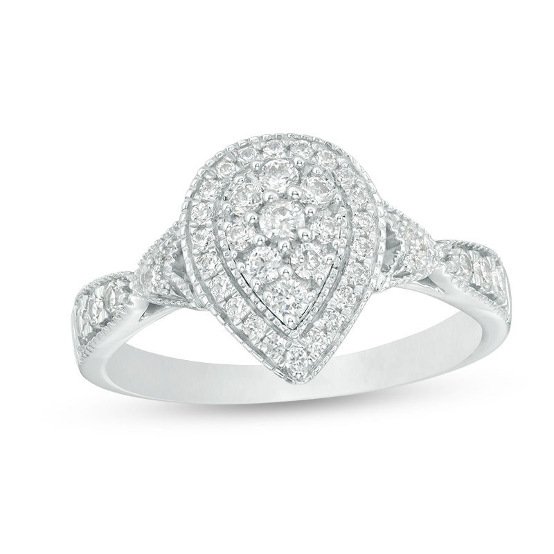 Main Image 1 of 1/2 CT. T.W. Multi-Diamond Double Pear-Shaped Frame Vintage-Style Engagement Ring in 10K White Gold