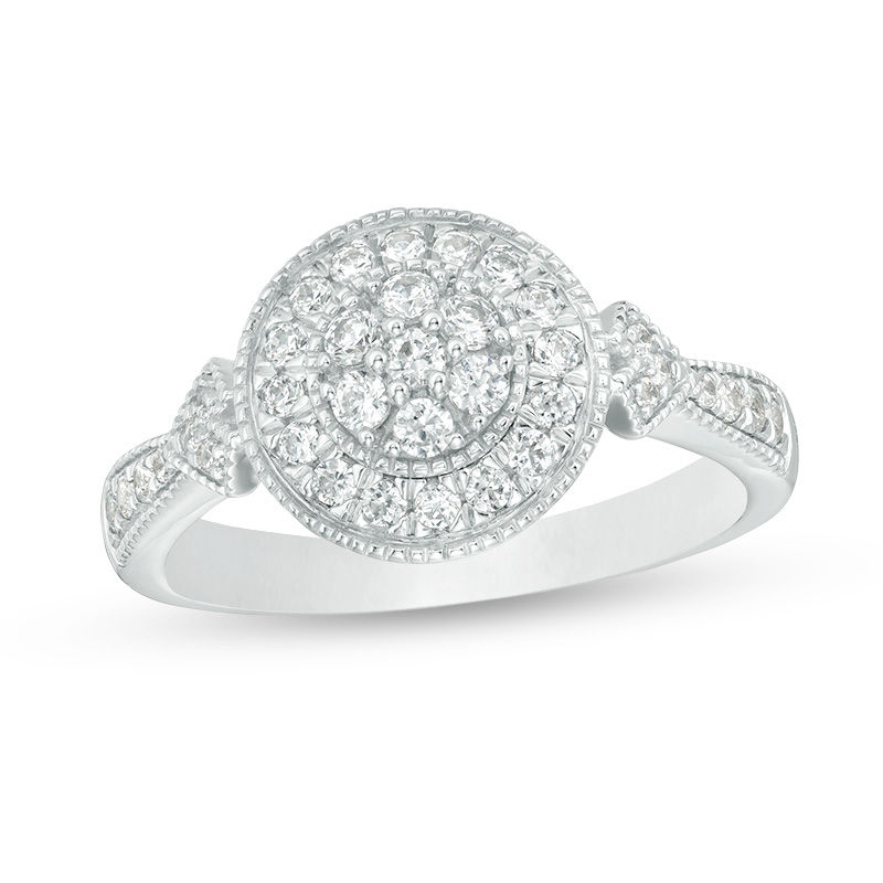 1/2 CT. T.W. Multi-Diamond Frame Tri-Sides Vintage-Style Engagement Ring in 10K White Gold
