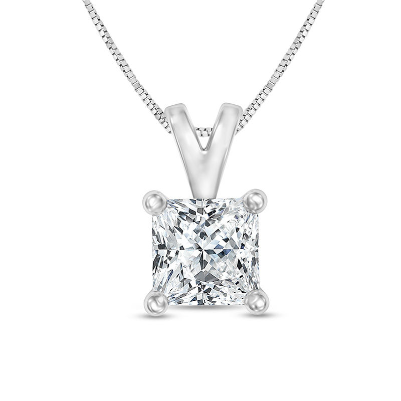 Main Image 1 of 1/4 CT. Certified Princess-Cut Diamond Solitaire Pendant in 14K White Gold (I/SI2)