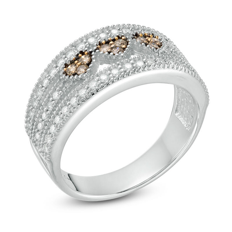 Main Image 2 of 1/2 CT. T.W. Champagne and White Diamond Triple Heart Multi-Row Vintage-Style Ring in Sterling Silver