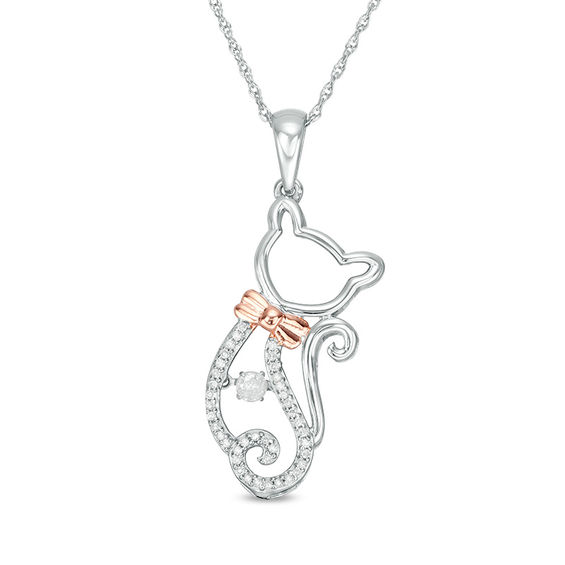 0.19 CT. T.w. Diamond Cat with Bow Pendant in Sterling Silver and 14K Rose Gold Plate