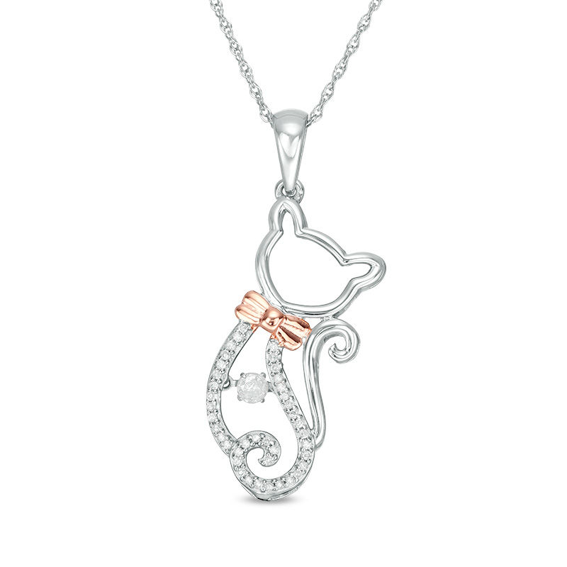 0.19 CT. T.W. Diamond Cat with Bow Pendant in Sterling Silver and 14K Rose Gold Plate