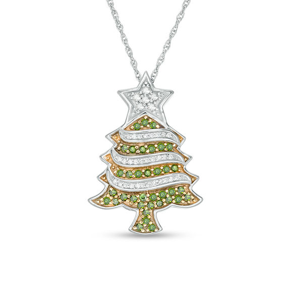 1/2 CT. T.w. Enhanced Green and White Diamond Christmas Tree Pendant in Sterling Silver with 14K Gold Plate