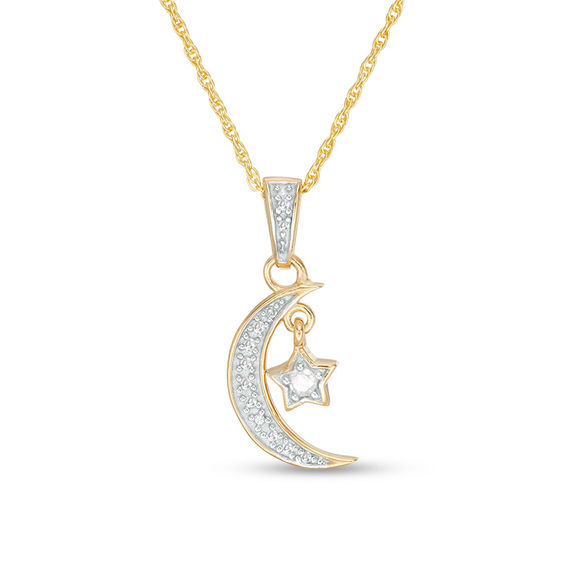 1/6 CT. T.w. Diamond Crescent Moon and Star Charm Pendant in Sterling Silver with 14K Gold Plate