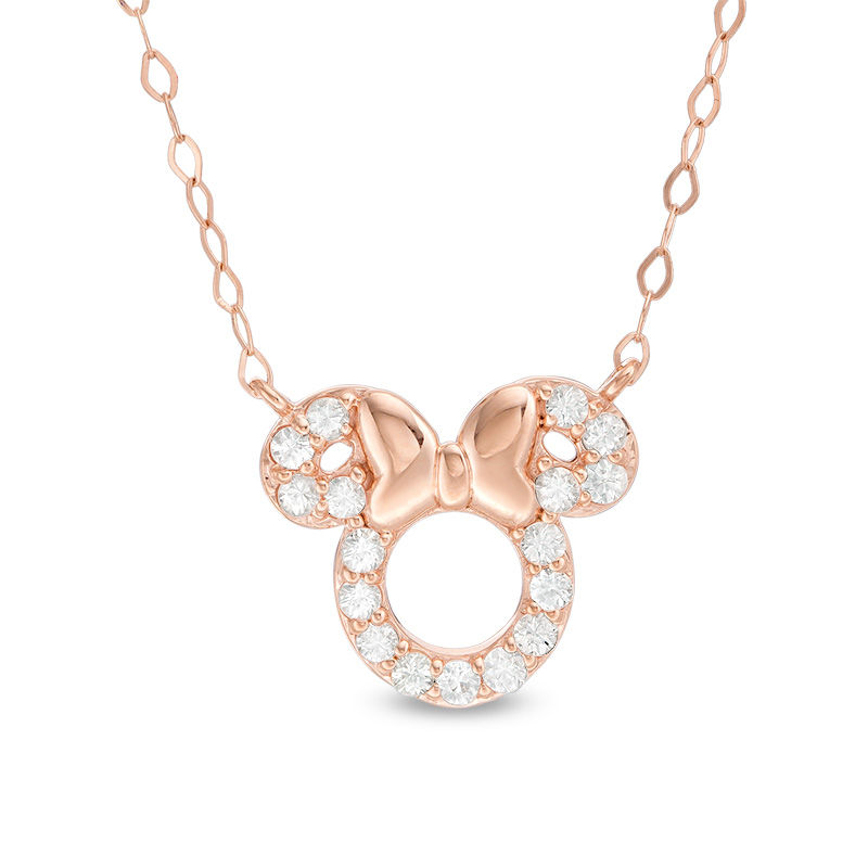 Child's Disney Twinkle White Topaz Minnie Mouse Necklace in 14K Rose Gold - 13"