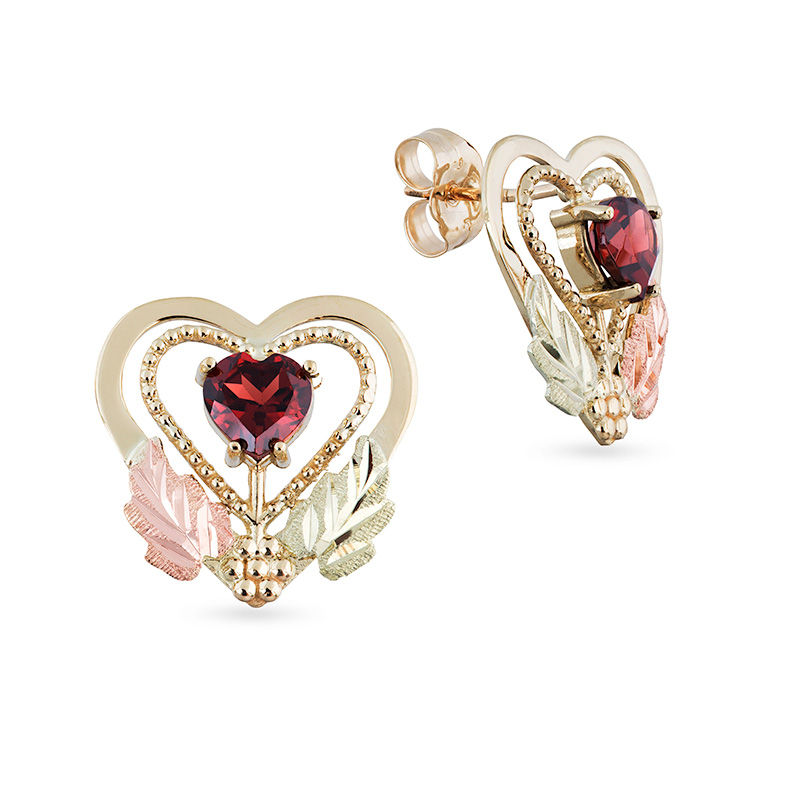 Black Hills Gold 5.0mm Heart-Shaped Garnet Double Frame Stud Earrings