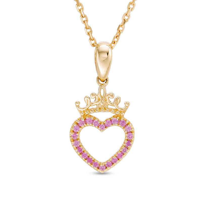 Child's Disney Twinkle Princess Pink Sapphire Beaded Heart with Tiara Pendant in 14K Gold - 13"