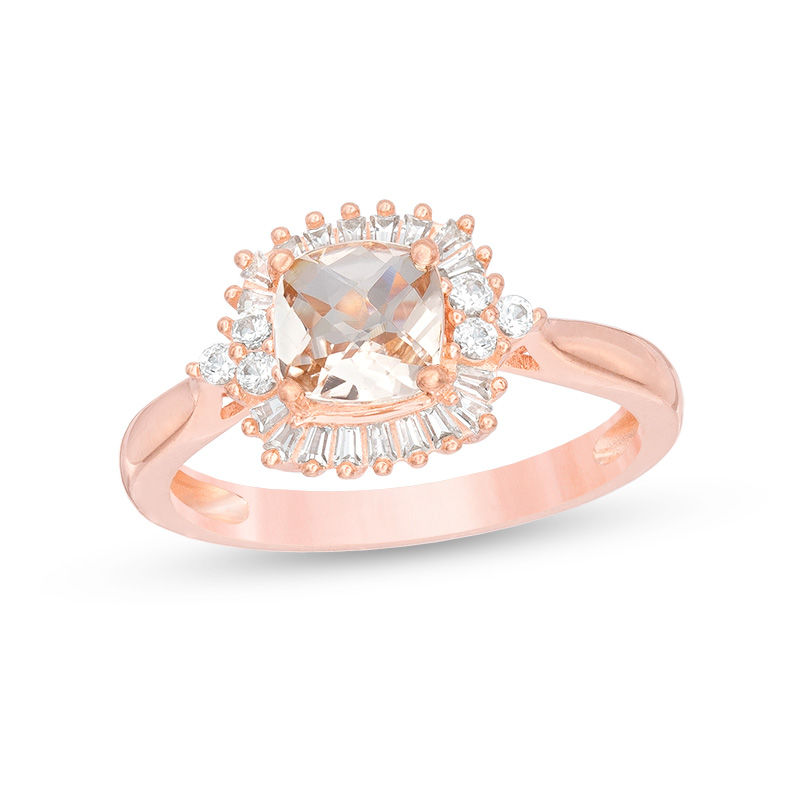 Main Image 1 of Cushion-Cut Morganite and 1/6 CT. T.W. Diamond Art Deco Frame Tri-Sides Ring in 10K Rose Gold
