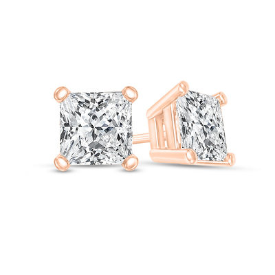 Princess Cut White Cubic Zirconia Unisex Stud Earrings in 14k Rose Gold Over Sterling Silver 0.75 cttw