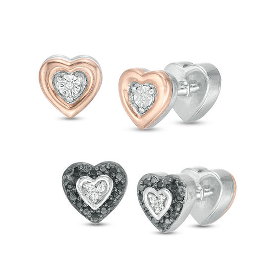 1/8 CT. T.W. Enhanced Black and White Diamond Reversible Heart Stud Earrings in Sterling Silver and 10K Rose Gold 1/8 CT. T.W. Enhanced Black and White Diamond Reversible Heart Stud Earrings in Sterling Silver and 10K Rose Gold