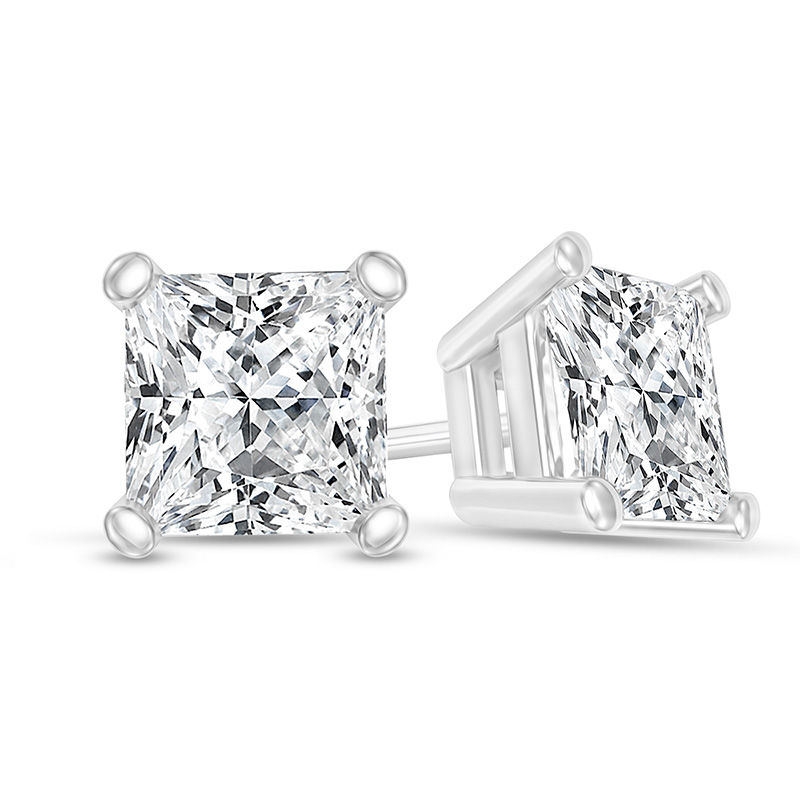 Main Image 1 of 1-3/8 CT. T.W. Certified Princess-Cut Diamond Solitaire Stud Earrings in 14K White Gold (I/SI2)
