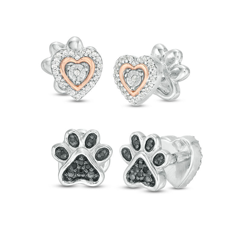 1/10 CT. T.W. Diamond Reversible Heart and Paw Print Stud Earrings in Sterling Silver and 10K Rose Gold